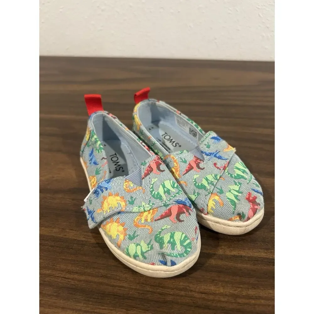 TOMS Alpargata Blue Denim Dino Slip‎ On Toddler Size 7 Shoes Dinosaur Sneakers